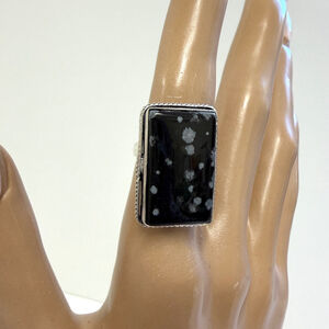 Snowflake‎ Obsidian Adjustable Silver Plated Handmade Ring Gift Boxed Size 5.5–9